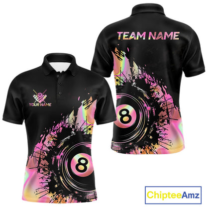 Men's Holographic Pink 8 Ball billiard polo, personalized pool tournament shirt, custom APA league jersey, athletic team apparel, moisture-wicking performance fabric.