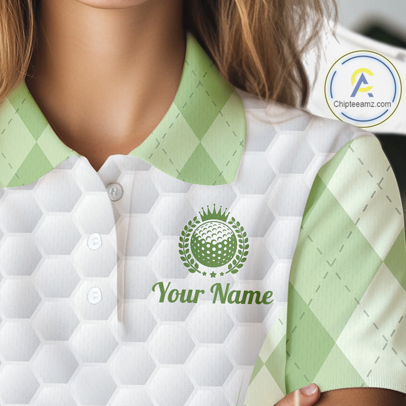 Womens Golf Polo Shirt Argyle Pattern Golf Shirts For Womens Green Argyle And White Golf Ball Gifts NYN2906
