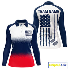 Load image into Gallery viewer, Women's US Flag golf polo shirt, patriotic red white and blue golf polo, custom golf team apparel, ladies golf uniform, American flag golf clothing, tournament golf shirt