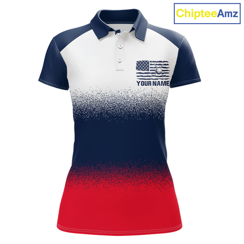 Women's US Flag golf polo shirt, patriotic red white and blue golf polo, custom golf team apparel, ladies golf uniform, American flag golf clothing, tournament golf shirt