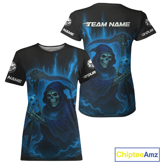 Custom Blue The Grim Reaper Flames Pickleball Ball T-Shirt For Women Pickleball Team Jersey NYN1484