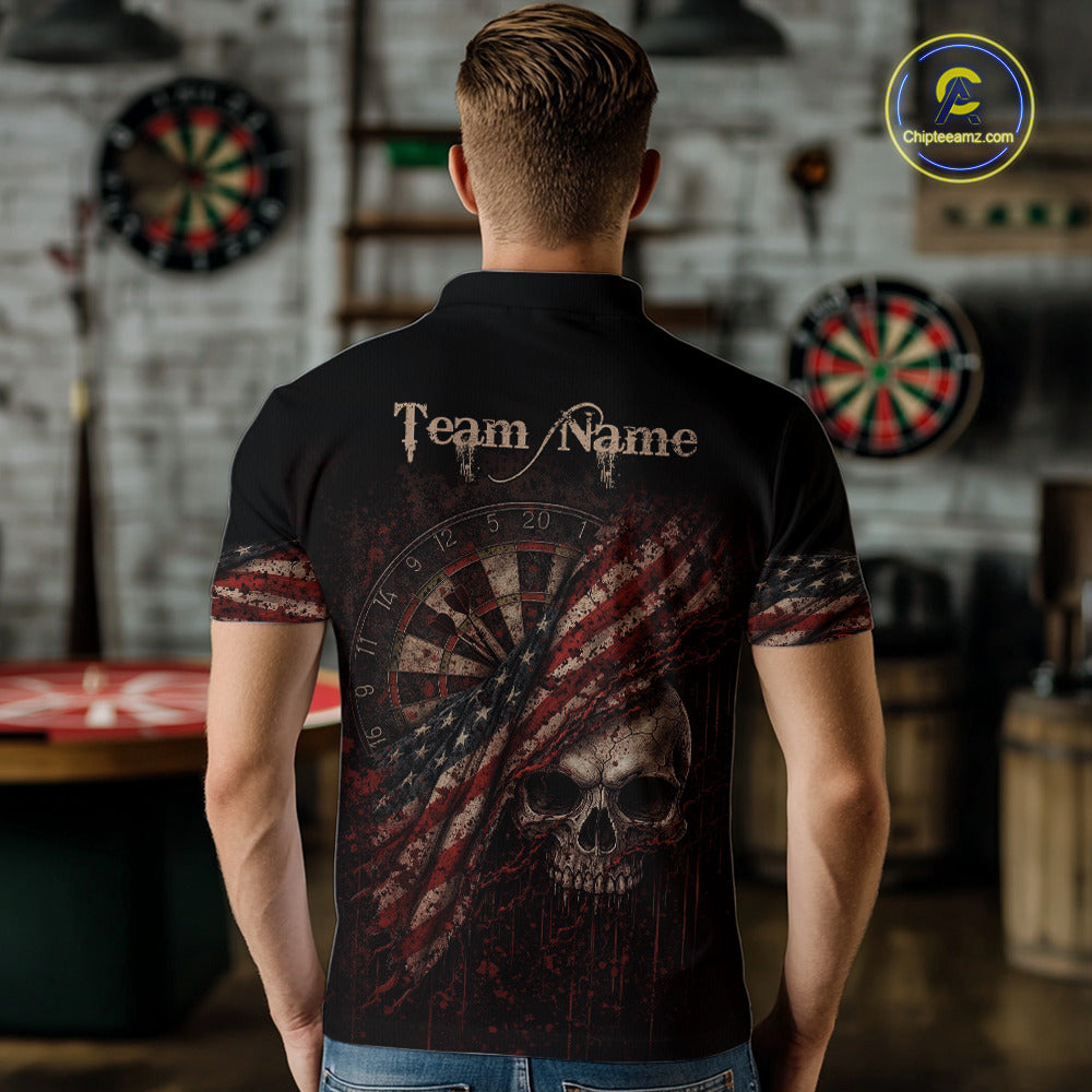 Red Grunge Retro Amercian Flag Dartboard Men Dart Polo Shirt Custom Skull Dart Team Jerseys NYN2542