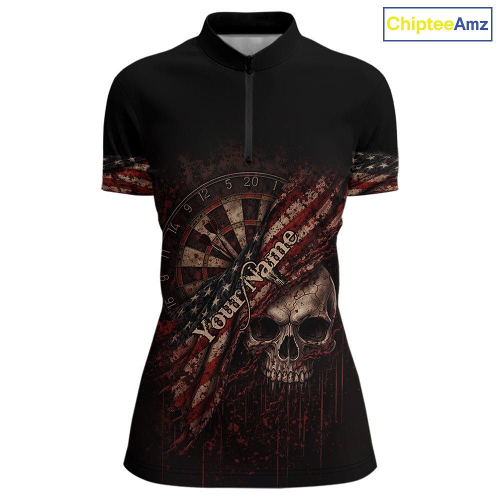 Red Grunge Retro American Flag Dartboard Women Dart 1/4-Zip Shirt Custom Skull Dart Team Jerseys NYN2542