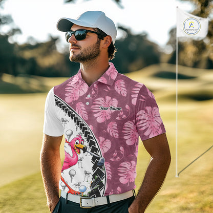 Golfing Flamingo Mens Golf Polo Shirt Custom Pink Pattern Monstera Golf Ball Clothes Shirts NYN2910