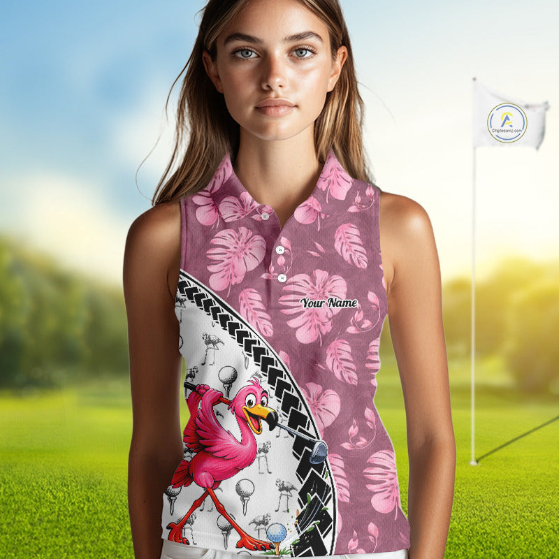 Golfing Flamingo Womens Sleeveless Golf Polo Shirt Custom Pink Pattern Monstera Golf Clothes Shirts NYN2910