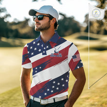 Load image into Gallery viewer, Male golfer wearing patriotic US flag golf polo shirt, red white blue golf apparel, custom golf team clothing, men's golf tournament outfit