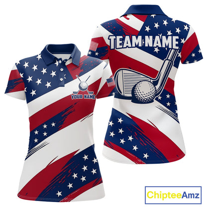 Women's US Flag golf polo shirt, patriotic red white and blue golf apparel, custom golf team shirt, golf tournament polo, personalized golf clothing, golf gift for women