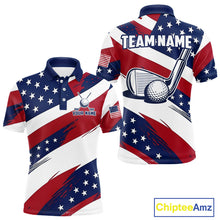 Load image into Gallery viewer, Men's US Flag golf polo shirt, patriotic red white and blue golf apparel, custom golf team shirt, golf tournament polo, personalized golf clothing, golf gift for men