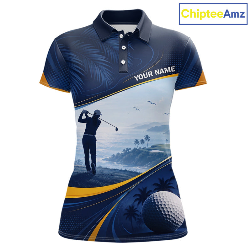 Women's palm trees golf short sleeves polo shirt, tropical ocean golf apparel, personalized golf shirt, summer golf clothing, resort golf polo, golf vacation outfit