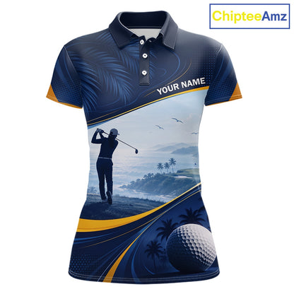 Women's palm trees golf short sleeves polo shirt, tropical ocean golf apparel, personalized golf shirt, summer golf clothing, resort golf polo, golf vacation outfit