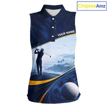 Load image into Gallery viewer, Women's palm trees golf sleeveless polo shirt, tropical ocean golf apparel, personalized golf shirt, summer golf clothing, resort golf polo, golf vacation outfit