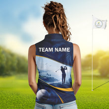 Load image into Gallery viewer, Female golfer wearing tropical palm trees golf polo shirt, ocean golf apparel, summer golf outfit, personalized golf clothing