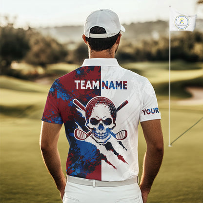 Male golfer wearing red blue splatter skull golf polo shirt, custom skull golf apparel, men's golf outfit