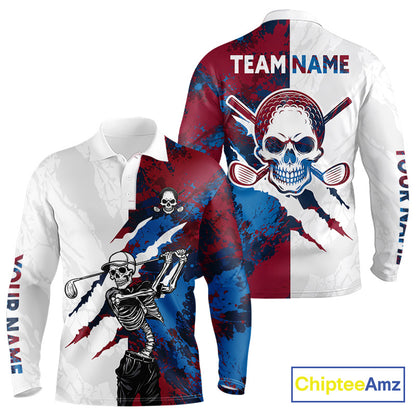 Men's red and blue splatter skull golf long sleeves  polo shirt, skull golf apparel, custom golf team shirt, funny golf clothing, tournament golf polo
