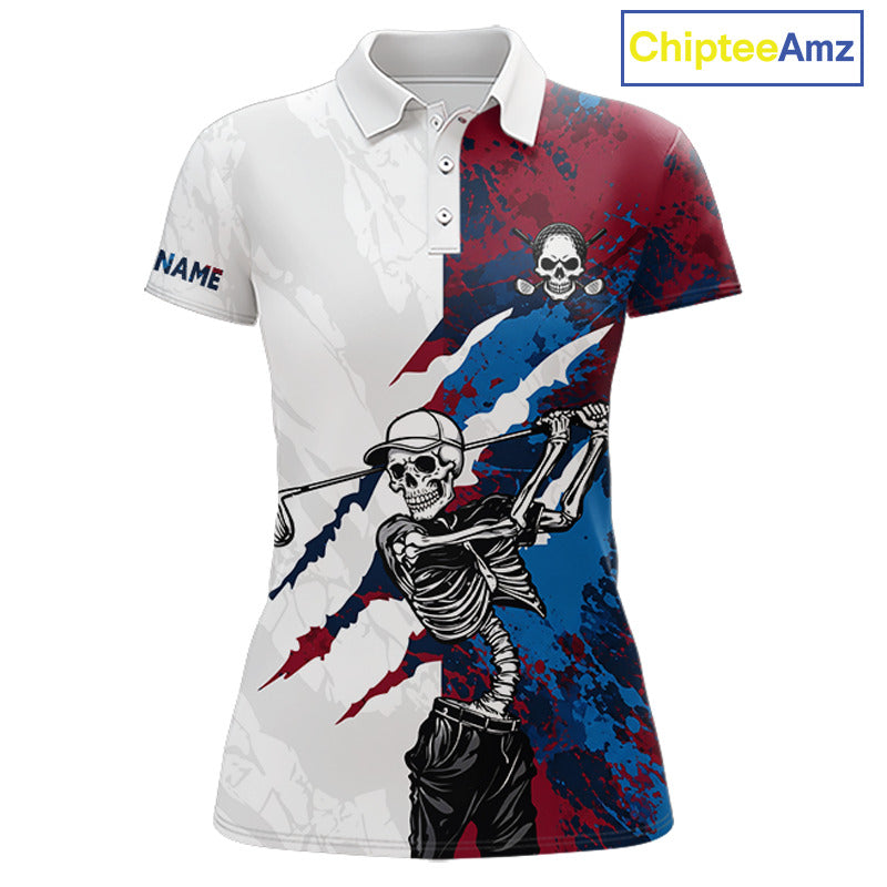 Women's red and blue splatter skull golf polo shirt, skull golf apparel, custom golf team shirt, funny golf clothing, tournament golf polo