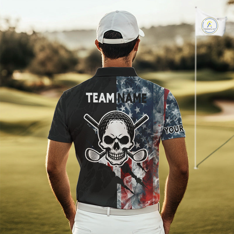 Male golfer wearing smoke US flag skull golf polo shirt, patriotic golf outfit, custom golf apparel