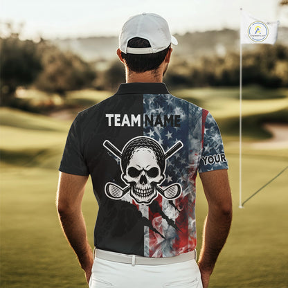 Male golfer wearing smoke US flag skull golf polo shirt, patriotic golf outfit, custom golf apparel