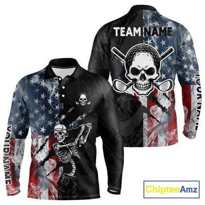 Men's smoke US flag skull golf long sleeveless polo shirt, patriotic golf apparel, American flag golf shirt, skull golf clothing, golf team uniform