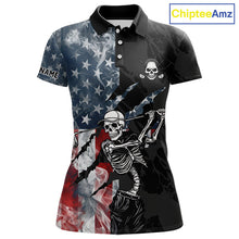 Load image into Gallery viewer, Women's smoke US flag skull golf short sleeves polo shirt, patriotic golf apparel, American flag golf shirt, skull golf clothing, golf team uniform 