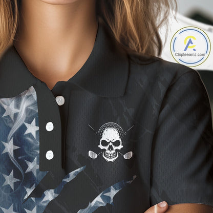 Female golfer wearing smoke US flag skull golf polo shirt, patriotic golf outfit, custom golf apparel