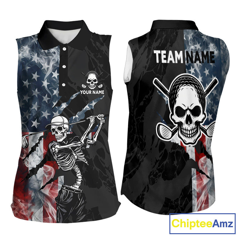 Women's smoke US flag skull golf sleeveless polo shirt, patriotic golf apparel, American flag golf shirt, skull golf clothing, golf team uniform