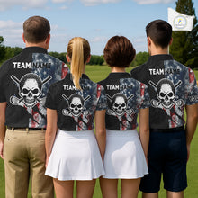 Load image into Gallery viewer, Men women golf team wearing matching smoke US flag skull golf polo shirts, patriotic golf uniforms, golf league clothing