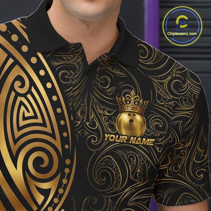 Black And Gold Crown Bowling Ball Polo & 1/4-Zip Shirts For Men Custom Tribal Bowling Team Jerseys NYN3124