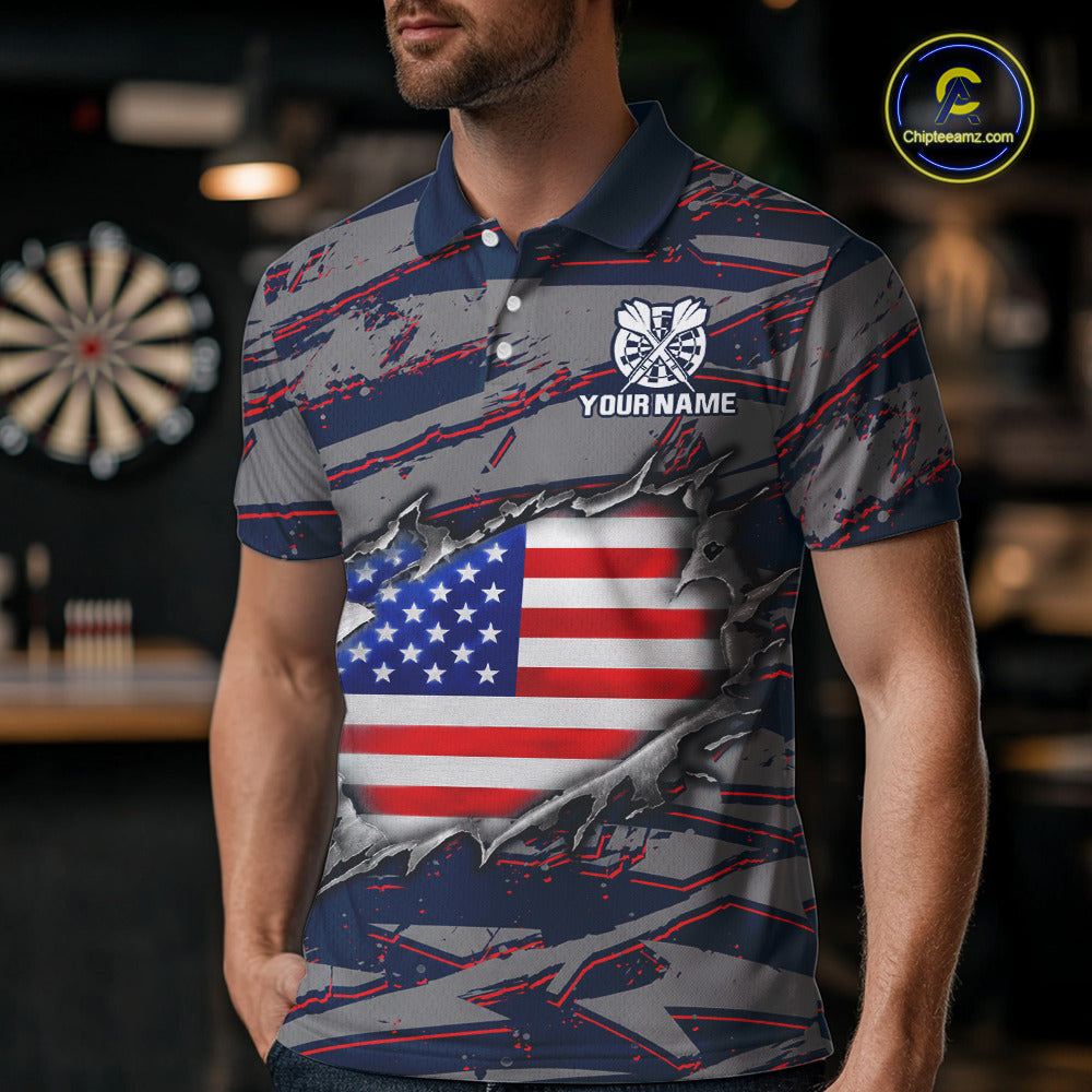 Male darts player wearing Blue and Red American Flag dart jersey, patriotic darts apparel, personalized dart team shirt, tournament darts outfit