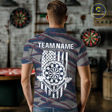 Load image into Gallery viewer, Male darts player wearing Blue and Red American Flag dart jersey, patriotic darts apparel, personalized dart team shirt, tournament darts outfit