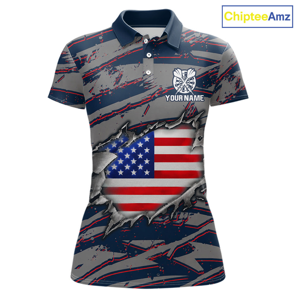 Blue and Red American Flag women's darts polo shirt, patriotic dart jersey, custom dart team uniform, USA flag dartboard apparel, personalized darts polo, professional darts team clothing