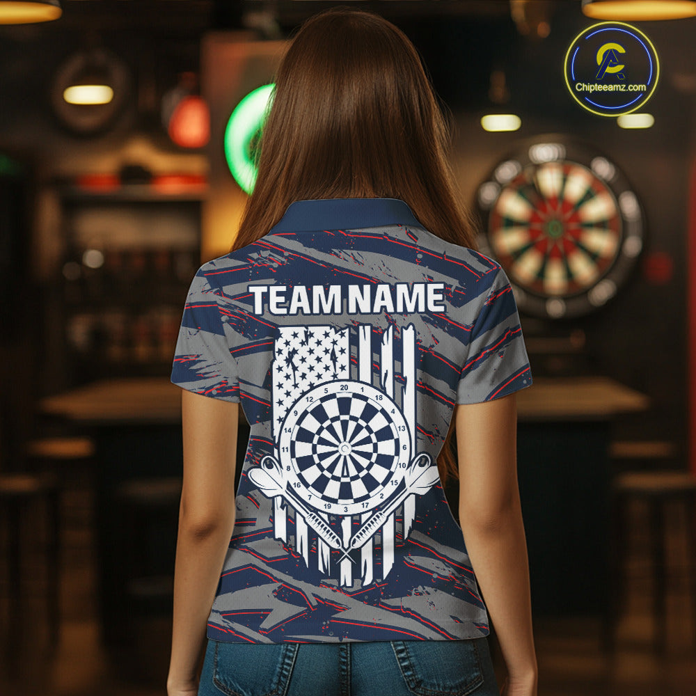 Female darts player wearing Blue and Red American Flag dart jersey, patriotic darts apparel, personalized dart team shirt, tournament darts outfit