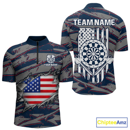 Blue and Red American Flag men's quarter-zip darts shirt, patriotic dart team jersey, custom USA flag dart apparel, performance darts uniform