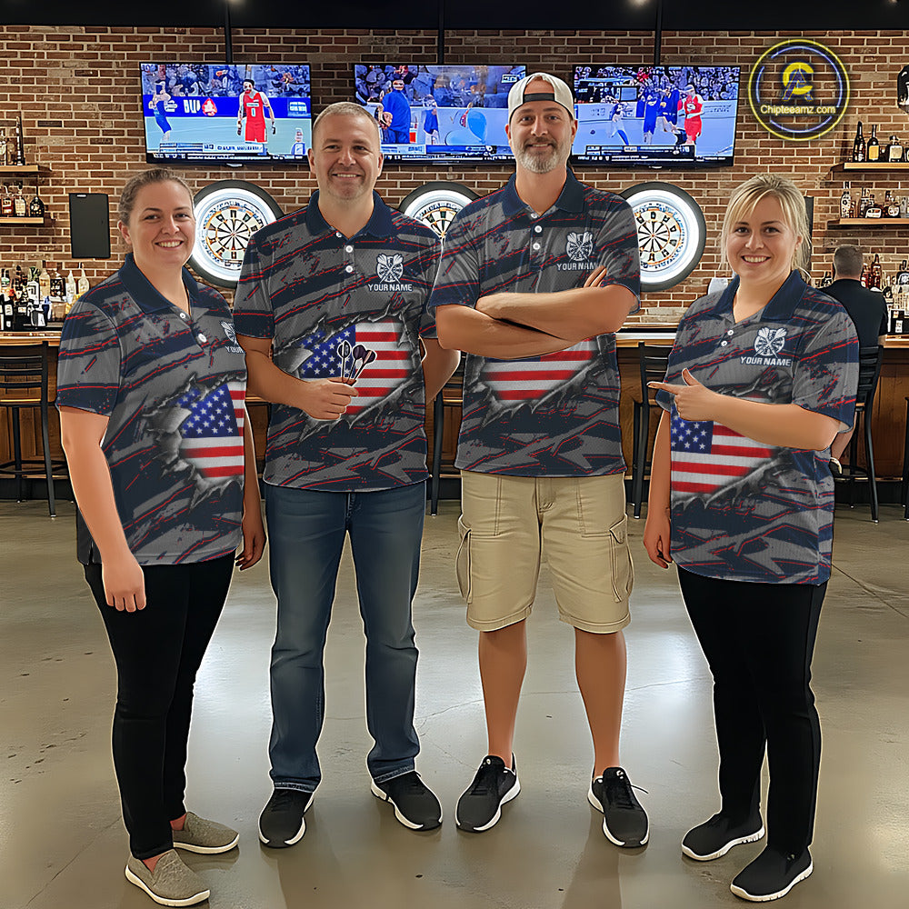 Men women darts team wearing matching Blue and Red American Flag dart jerseys, patriotic dart team uniforms, custom league darts apparel