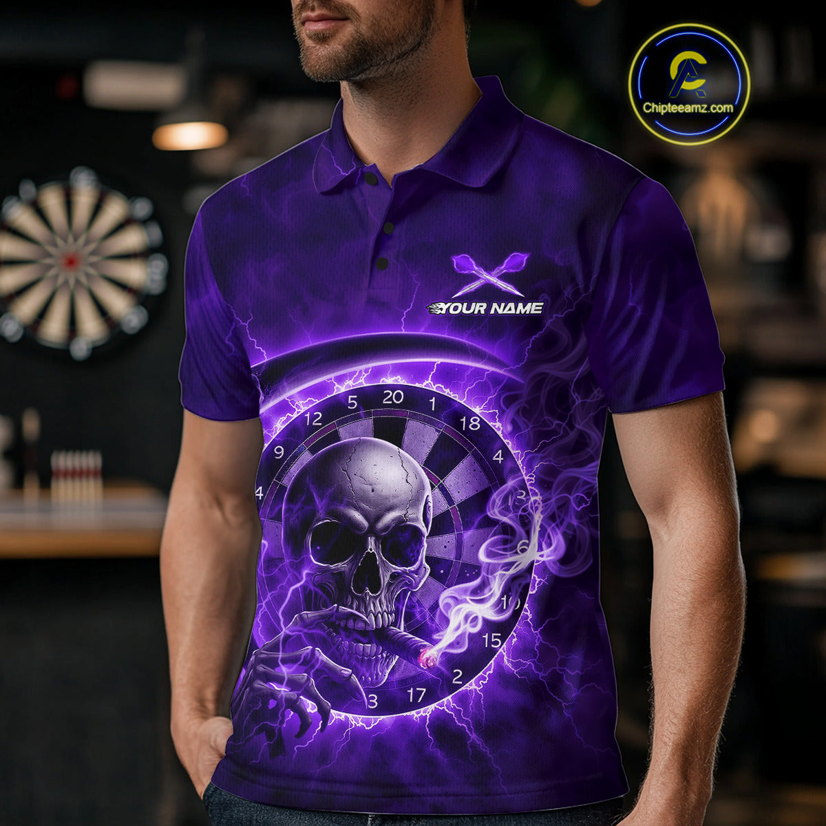 Smoking Purple Flames Skull Darts Custom Men Polo Dart Jerseys Thunder Dart League Shirt NYN2050