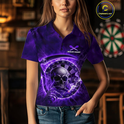 Smoking Purple Flames Skull Darts Custom Women Polo Dart Jerseys Thunder Dart League Shirt NYN2050