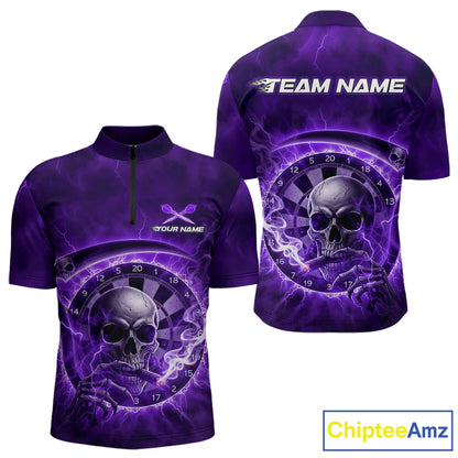Smoking Purple Flames Skull Darts Custom Men 1/4-Zip Dart Jerseys Thunder Dart League Shirt NYN2050
