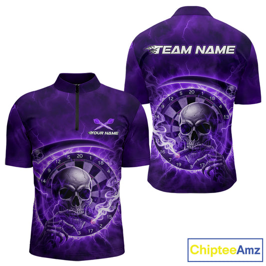 Smoking Purple Flames Skull Darts Custom Men 1/4-Zip Dart Jerseys Thunder Dart League Shirt NYN2050
