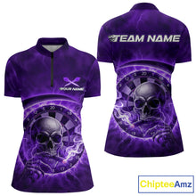 Load image into Gallery viewer, Smoking Purple Flames Skull Darts Custom Women 1/4-Zip Dart Jerseys Thunder Dart League Shirt NYN2050