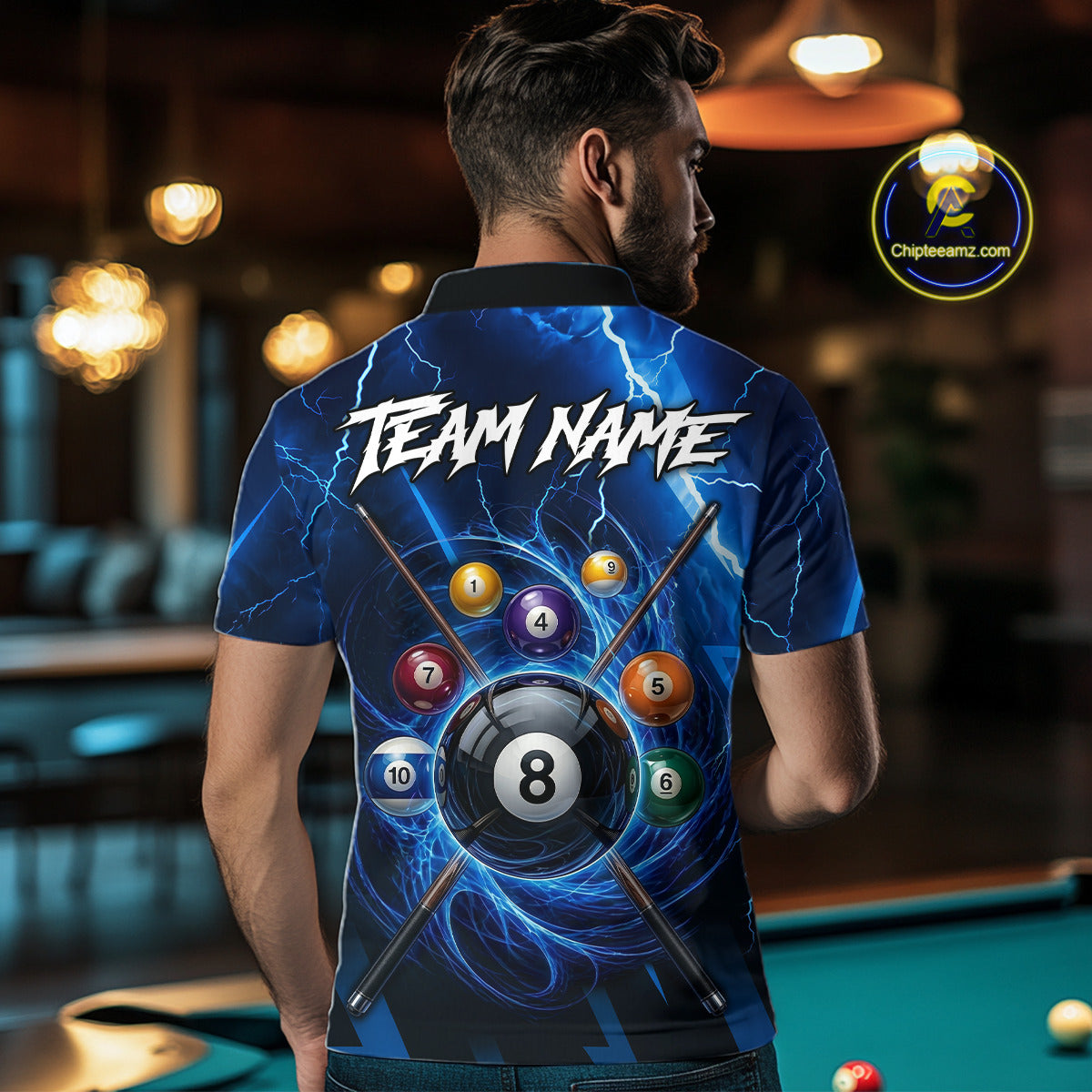Thunder Lightning Billiard Ball Shirt For Men Custom Blue Flames 8 Ball Billiard Pool Jersey NYN3133