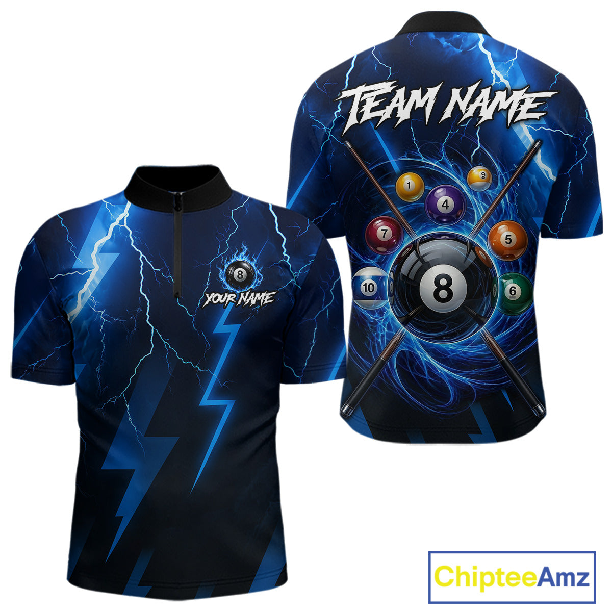 Thunder Lightning Billiard Ball Shirt For Men Custom Blue Flames 8 Ball Billiard Pool Jersey NYN3133