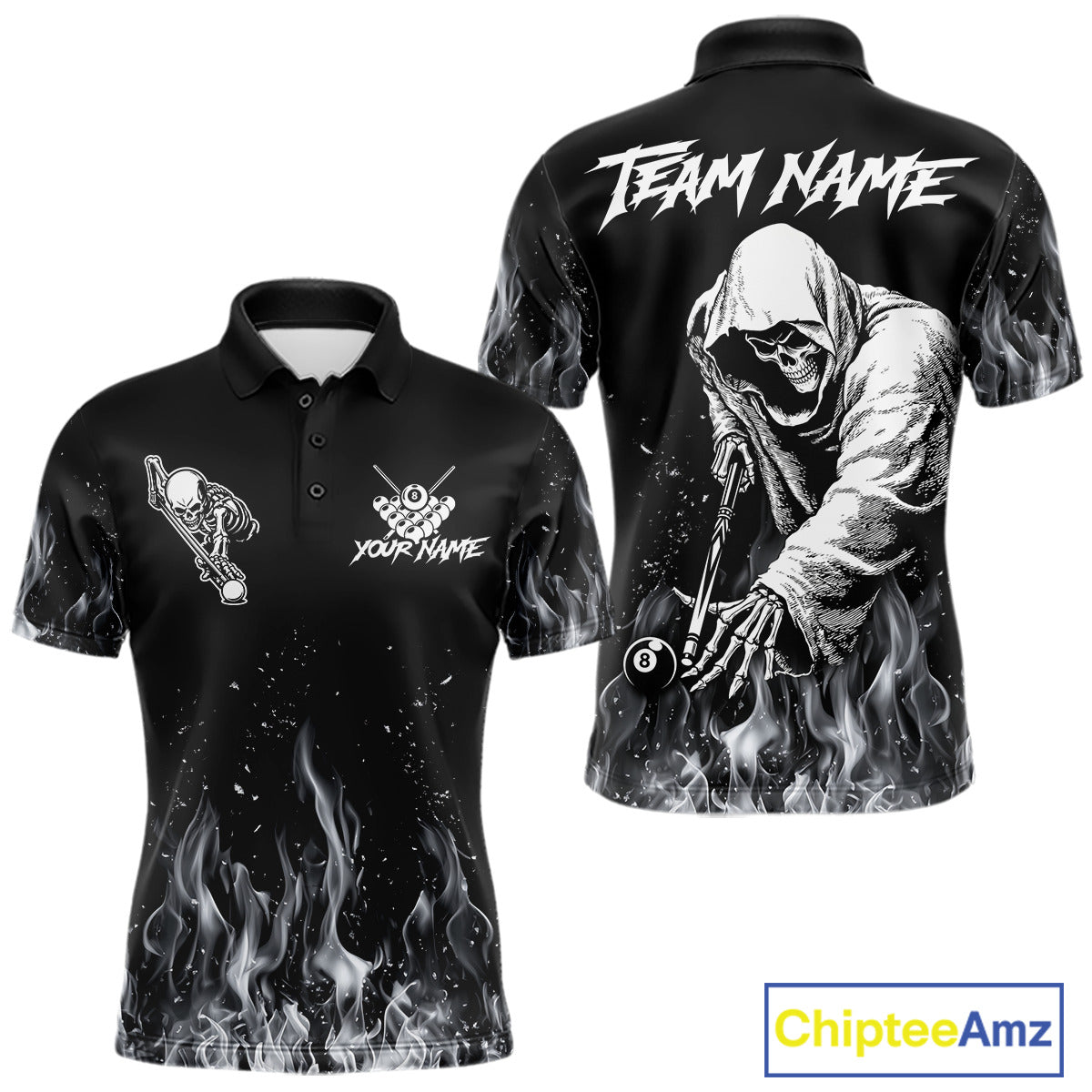 Grey Skeleton Play Pool Billiard Shirt For Men Custom Fire Flame Billiard Jersey, Billiards Gifts NYN3139