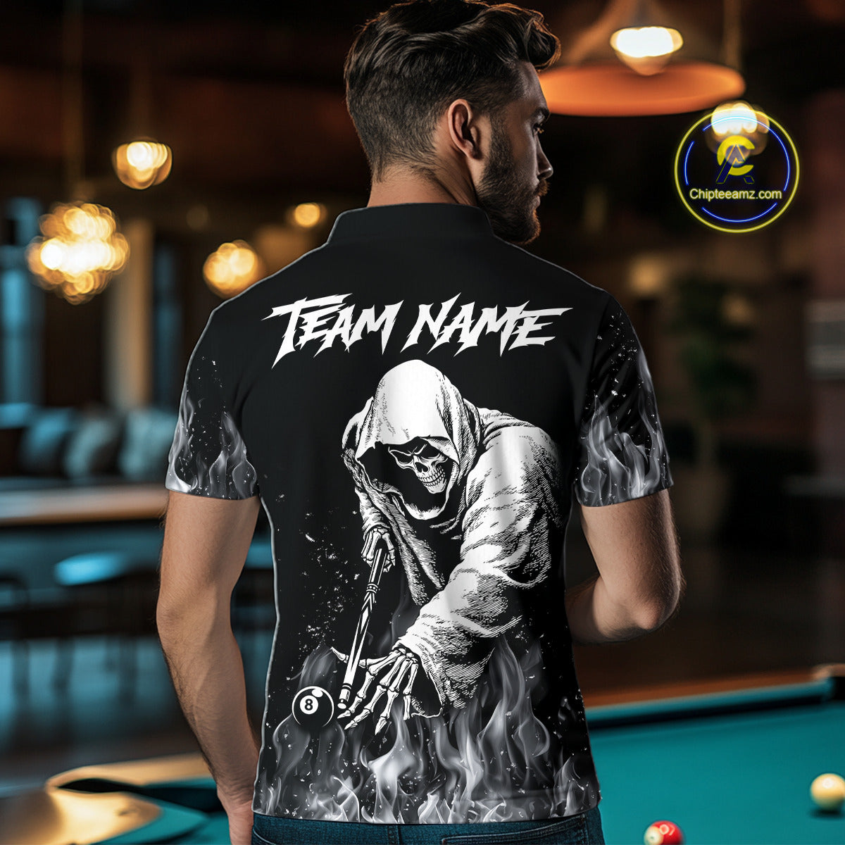 Grey Skeleton Play Pool Billiard Shirt For Men Custom Fire Flame Billiard Jersey, Billiards Gifts NYN3139