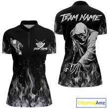 Load image into Gallery viewer, Grey Skeleton Play Pool Billiard Shirt For Women Custom Fire Flame Billiard Jersey, Billiards Gifts NYN3139