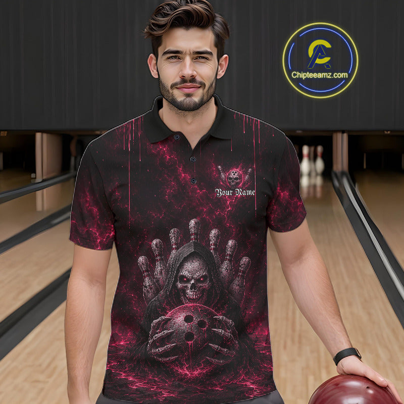 Male model wearing Pink Thunder Grim Reaper bowling polo shirt during league event, custom skull bowling jersey
