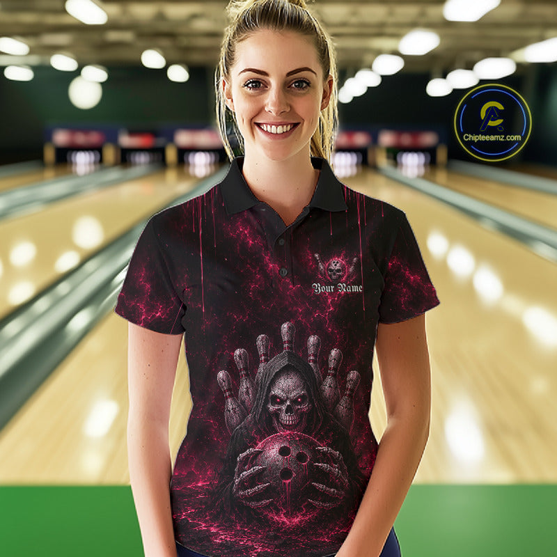 Female model wearing Pink Thunder Grim Reaper bowling polo during tournament, gothic athletic fashion, personalized bowling apparel