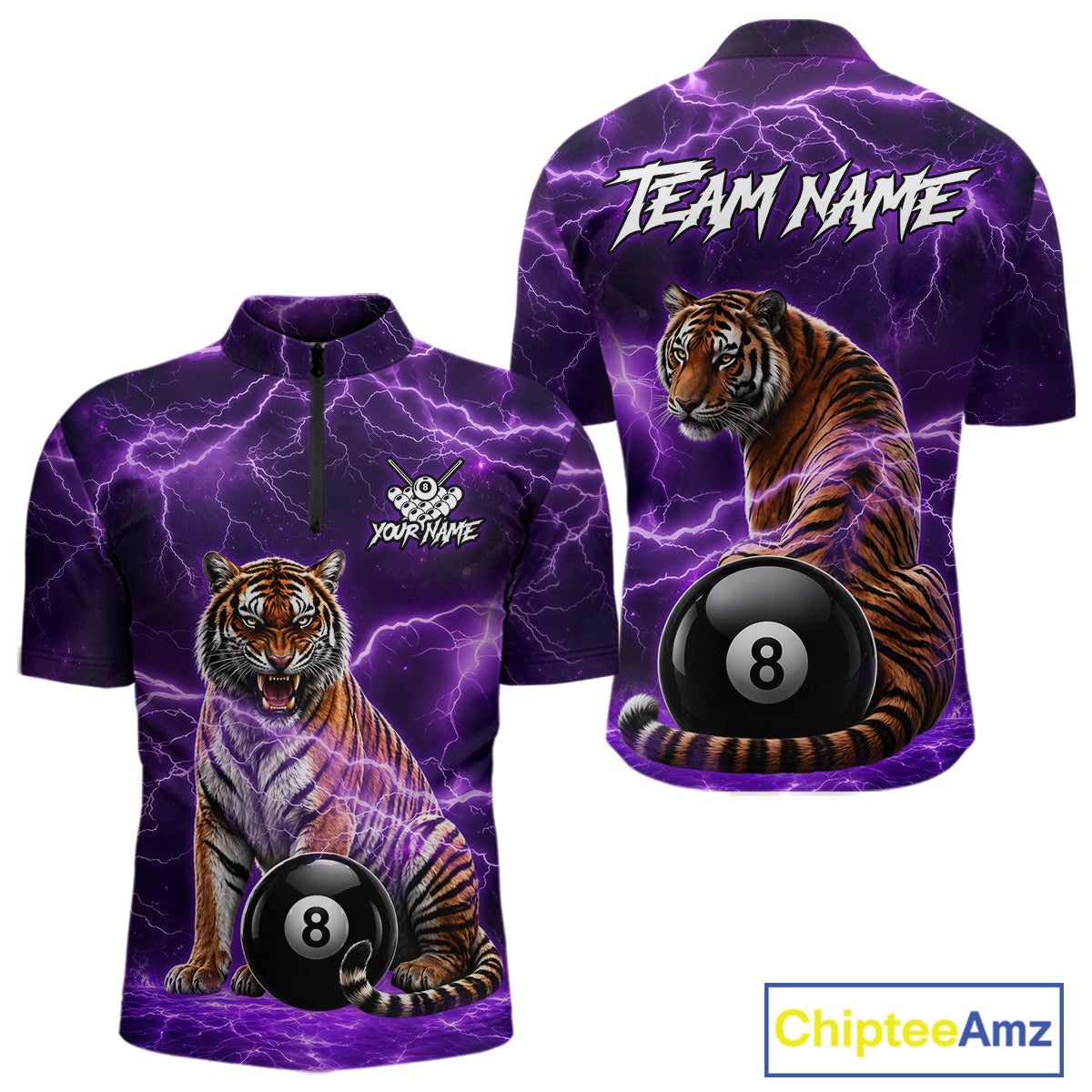 Thunder Purple Funny Tiger 8 Ball Billiard Pool Shirt For Men Custom Billiard Team Attire NYN3140