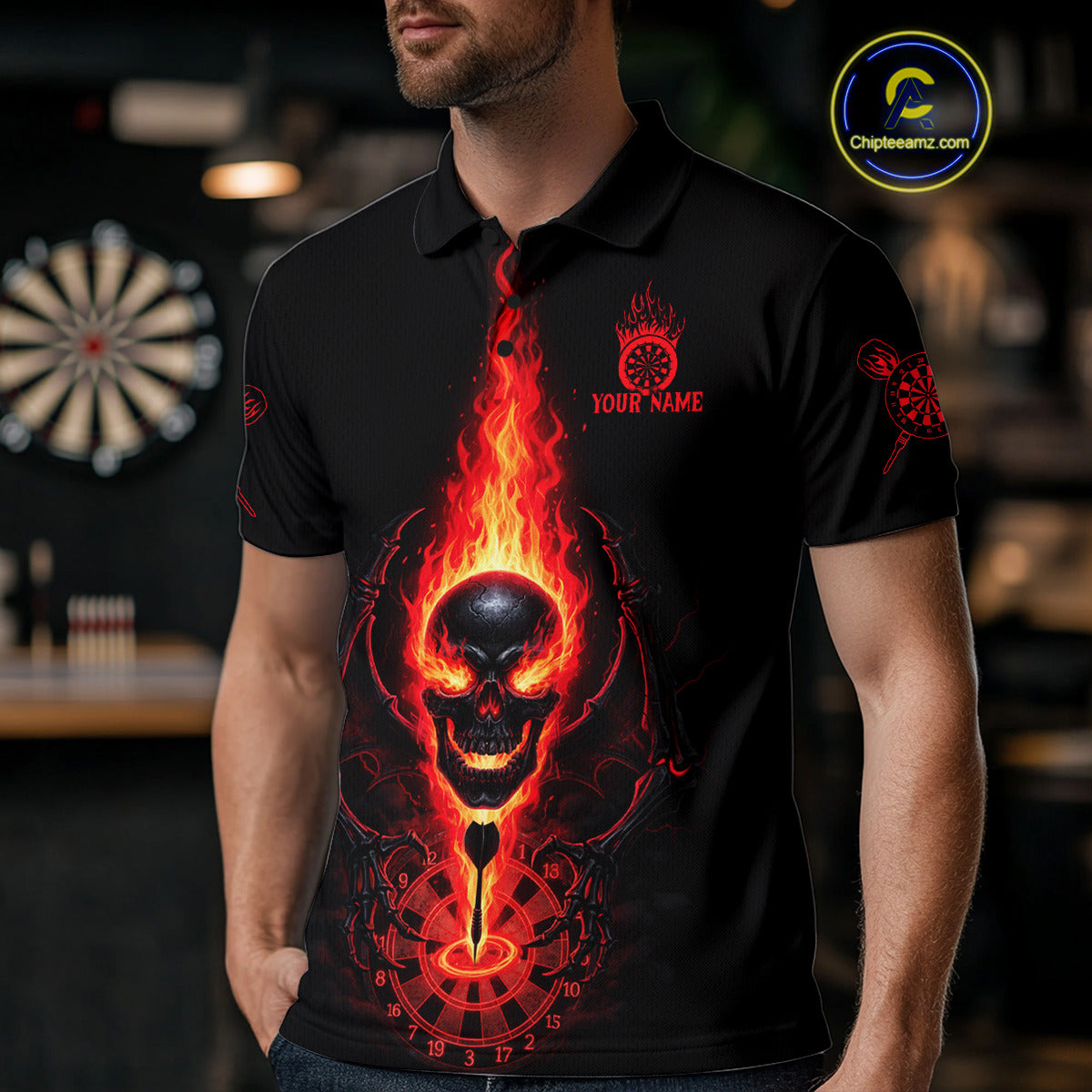 Skeleton Fire Flame Dartboard Custom Mens Polo Dart Shirt Red Skull Dart Jerseys NYN1769