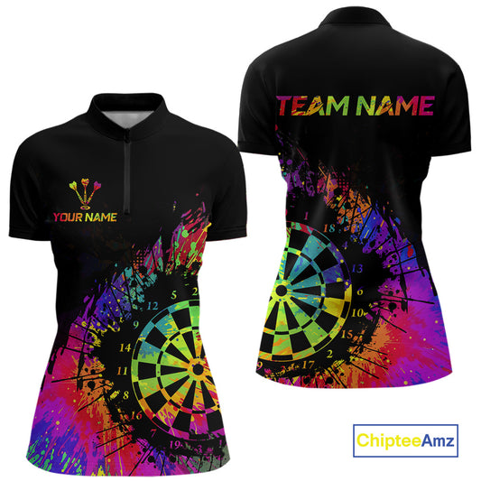 Colorful Splatter Dartboard Grunge Dart Quarter-Zip Shirts For Women Custom Name For Darters NYN2281