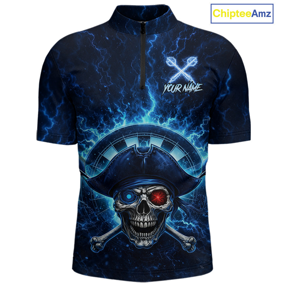 Blue Dartboard & Arrow Fire Flame Pirate Dart Quarter-Zip Shirts For Men Custom Dart Team Jerseys NYN2726