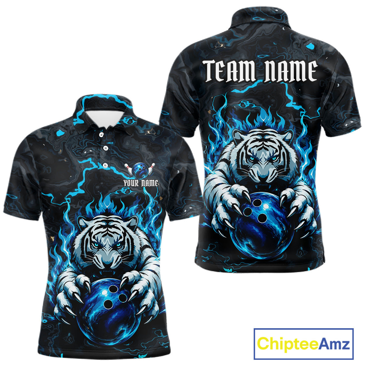 Black and Blue Flame Tiger bowling ball men's polo shirt custom funny bowling team jersey, personalized tiger bowling shirt, bowling league apparel